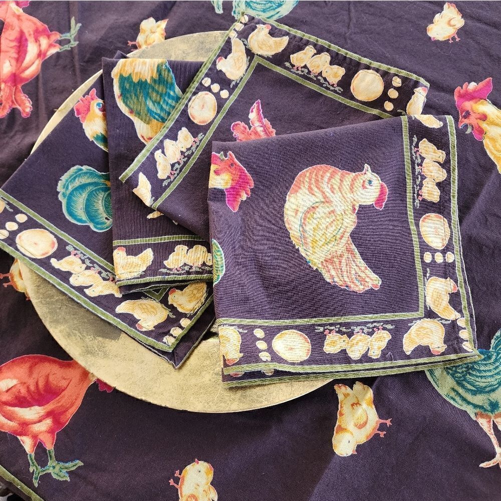 April Cornell Farm House Chicken & Rooster Tablecloth Napkins Chocolate Brown
